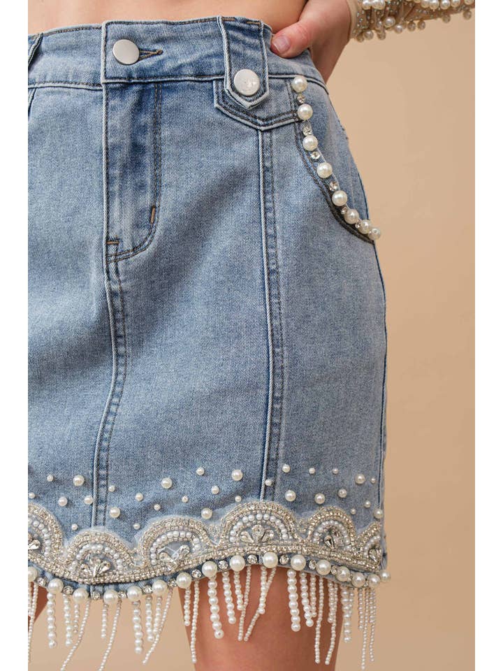 MED WASH 80038S - Stretch Denim Embellished Pearl Fringe Mini Skirt for wholesale on Faire