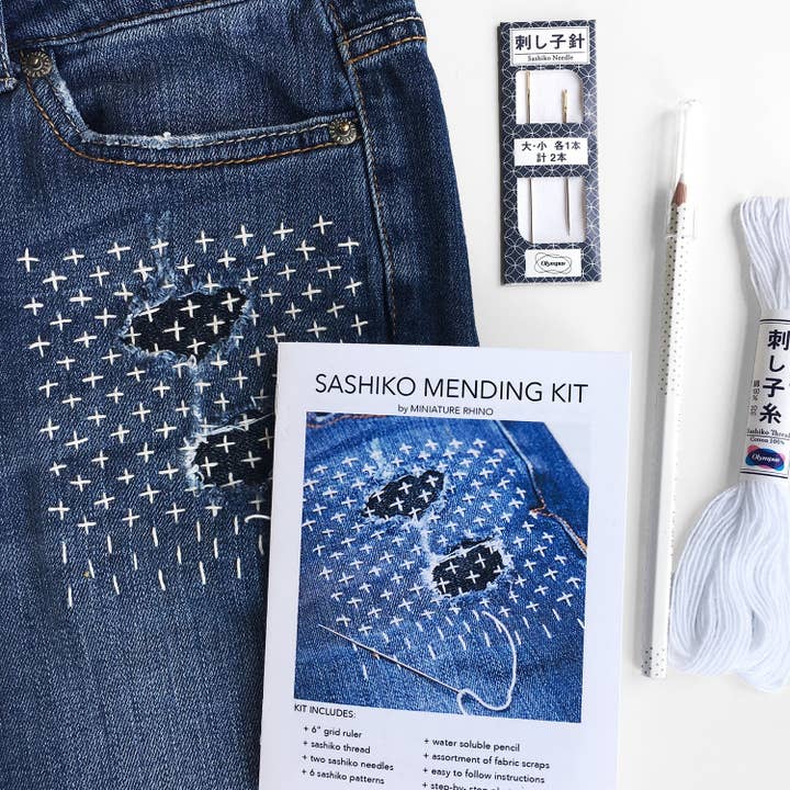 Sashiko Mending Kit - a DIY guide to decorative, functional patching by hand for wholesale by Miniature Rhino