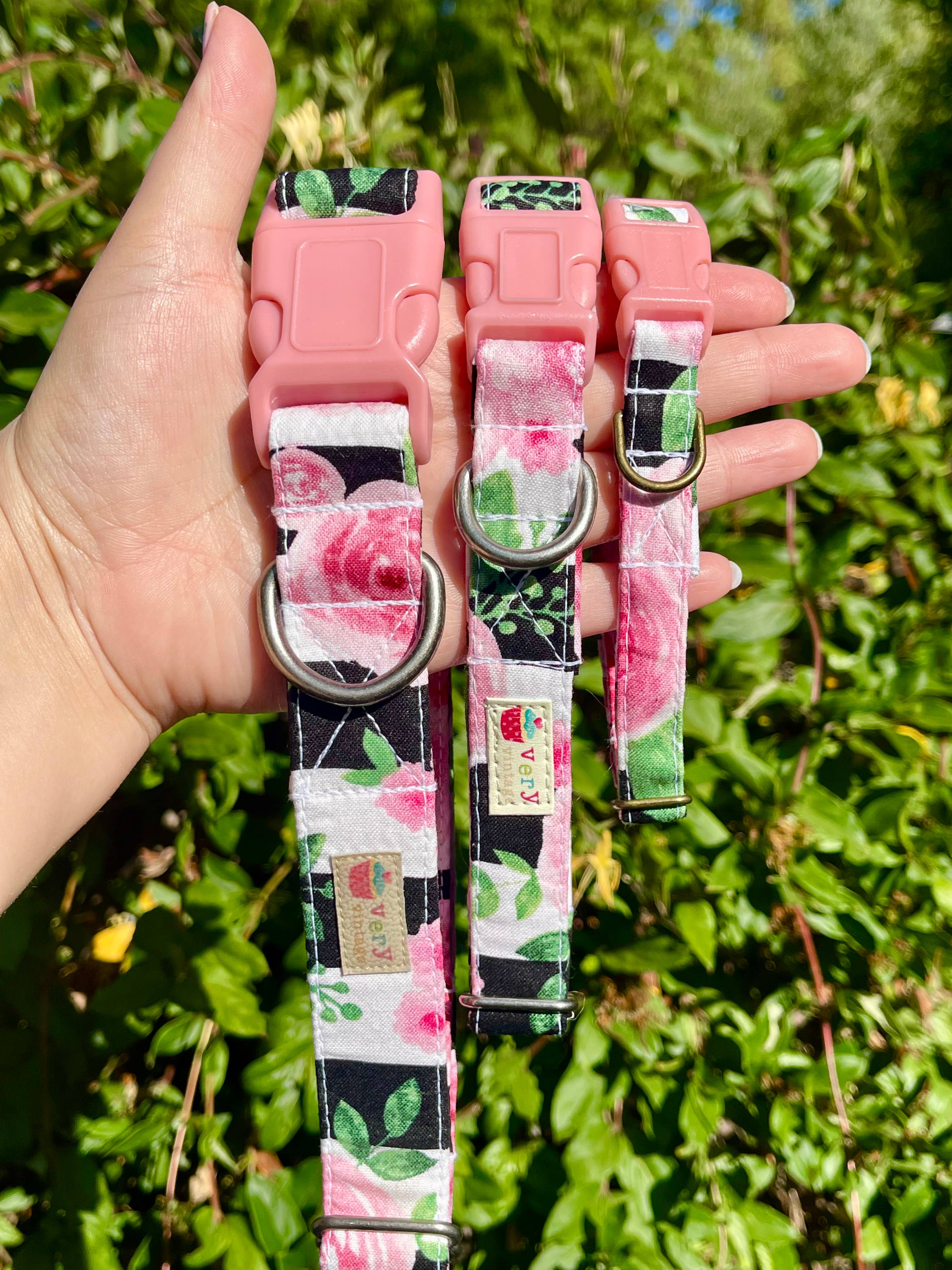 Very Vintage Designs - Wholesale Pet Collar - Cat/Dog - Rosie Dog Collar – Pink Rose Floral Stripe – Handmade in USA1