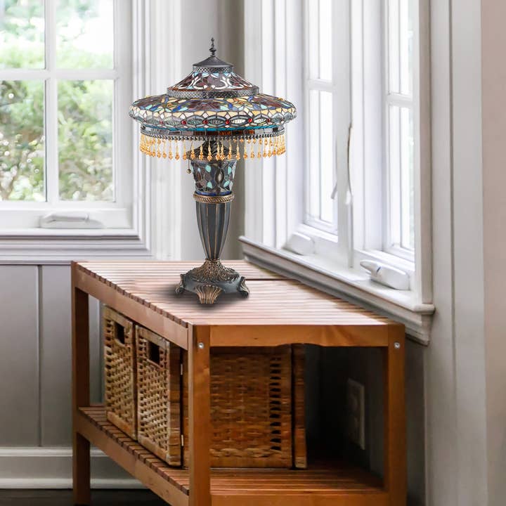 27.5"H Parisian Antique Bell Shade Stained Glass Table Lamp for wholesale by River of Goods