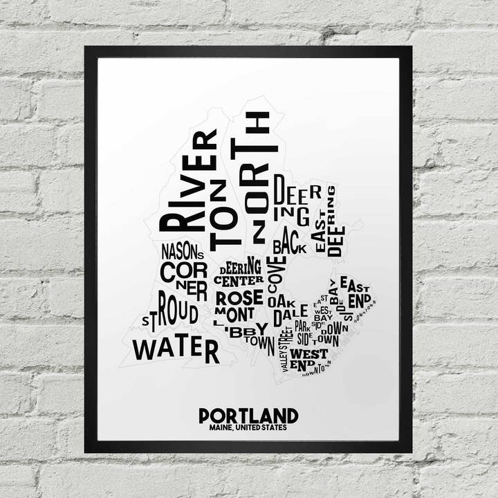 Portland Maine Neighborhood Typographic Map Print for wholesale by Damon D Chan