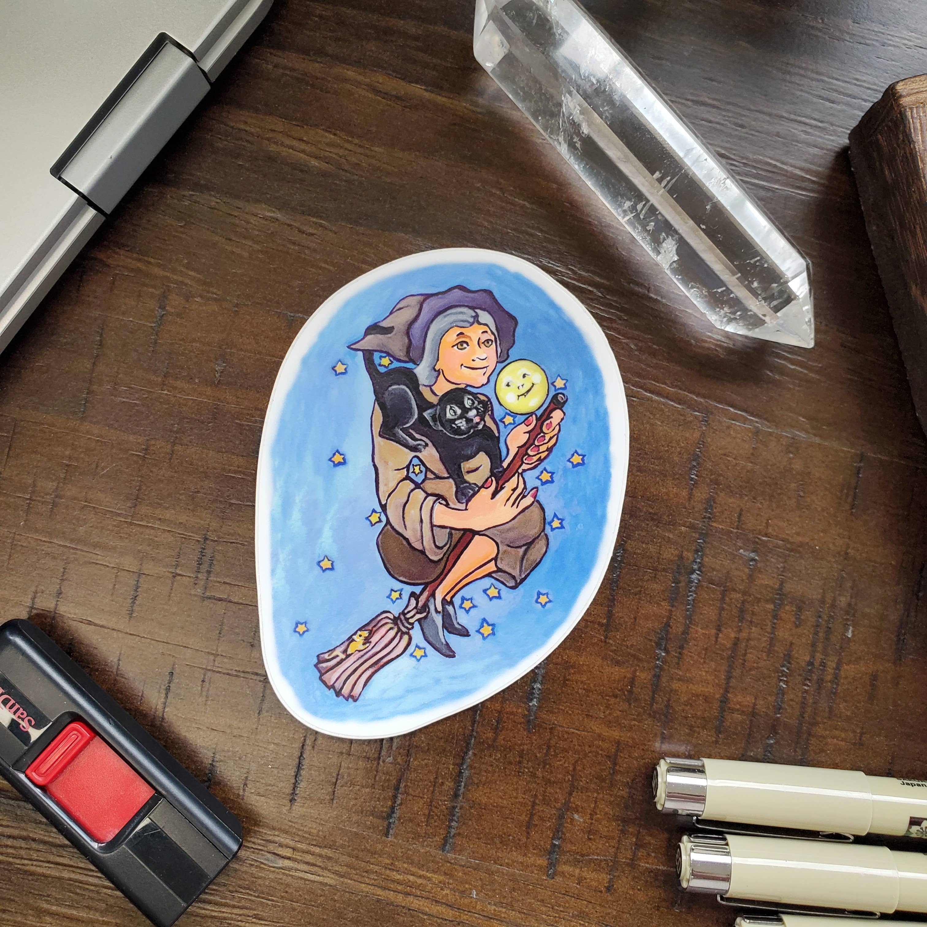 River Village – wholesale Sticker – The Witch and Her Cat Sticker, 3.5 inches tall1