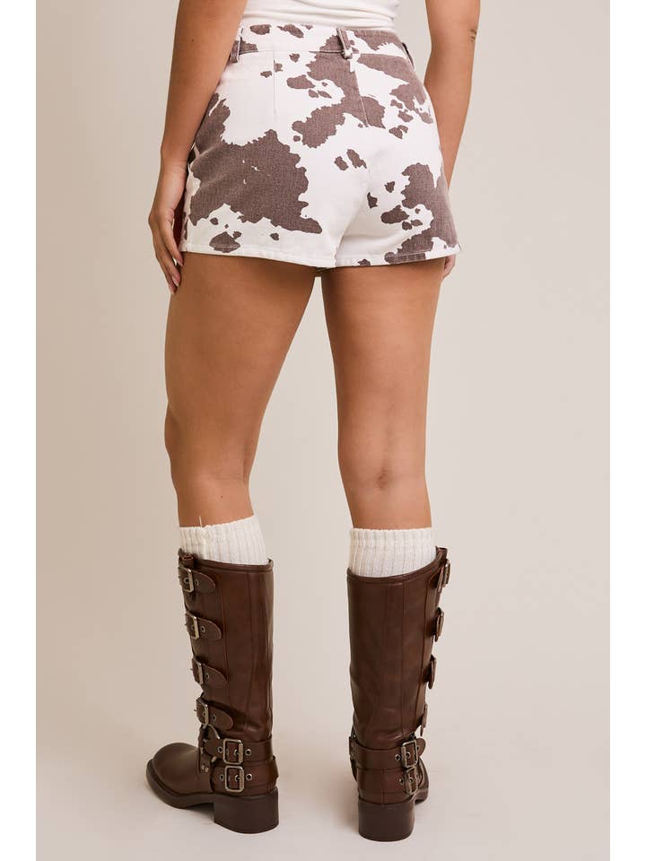 WHITE BROWN ANIMAL COW PRINT SHORTS for wholesale on Faire