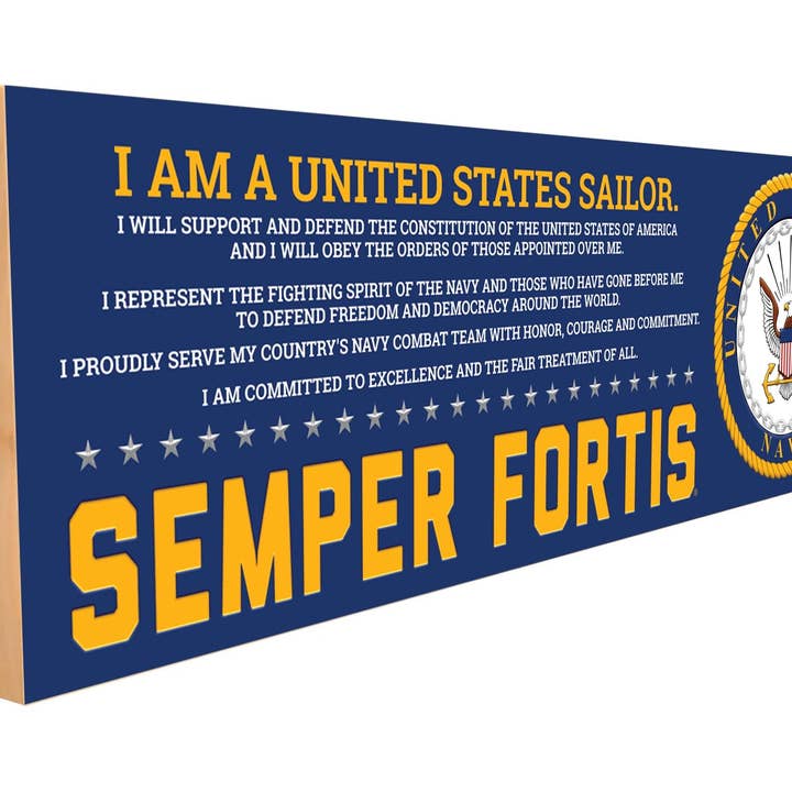 Semper Fortis Wooden Sign – Official U.S. Navy Creed & Embossed Logo, Solid Maple, Freestanding & Wall Display for wholesale by Sawyers Mill, Inc.
