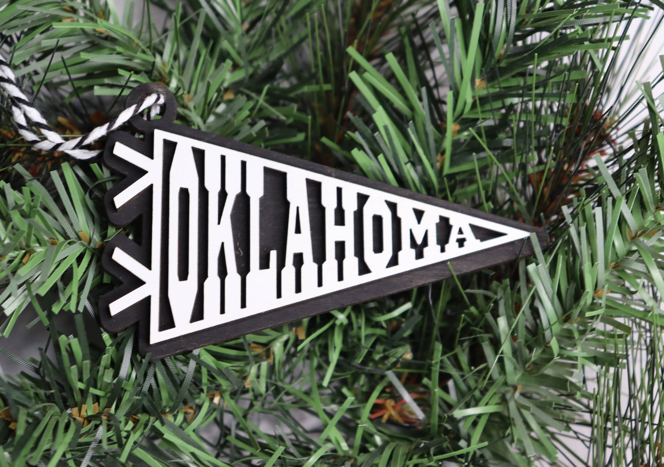 The Trendy Traveler - Wholesale Ornament - Oklahoma Pennant Layered Wood Christmas Ornament0