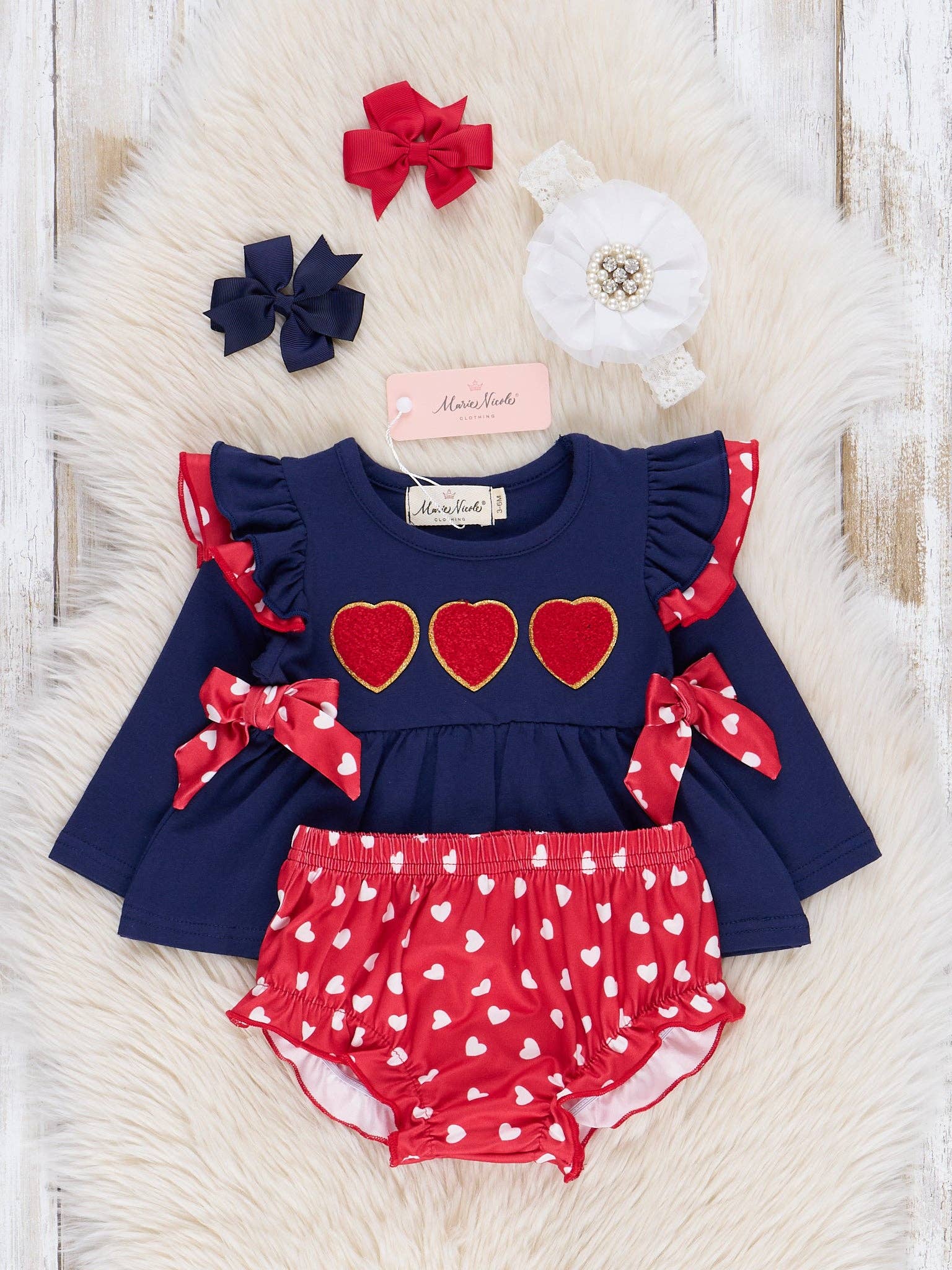 Marie Nicole Clothing - Wholesale Clothing Set - Baby - Navy & Red Chenille Hearts Bloomers Outfit1