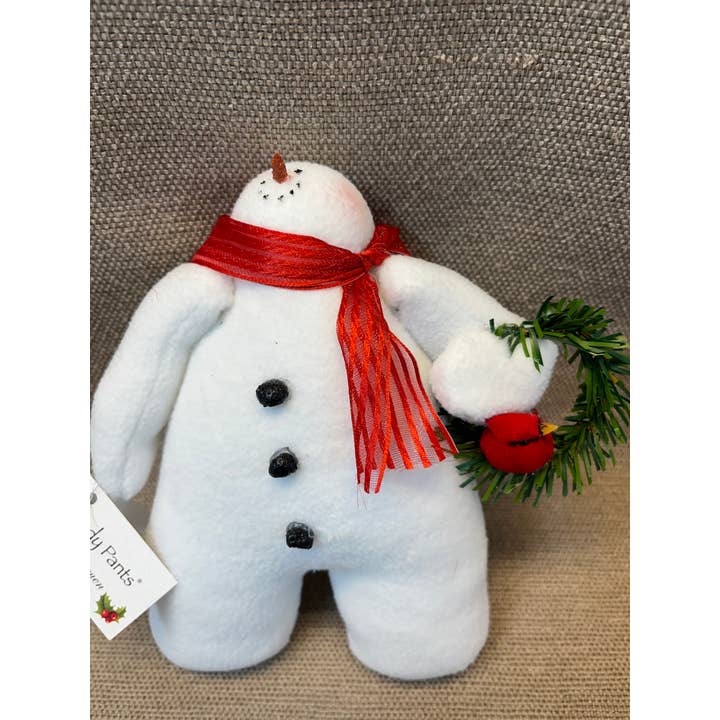 Sandy Pants Snowmen - Wholesale Christmas Decoration - Fleece Stuffed Snowman_Sandy Pants Visitor_Wreath_Cardinal