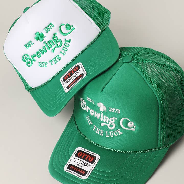 Brewing Co. Sip the Luck Embroidery Foam Trucker Hat for wholesale by Fashion City
