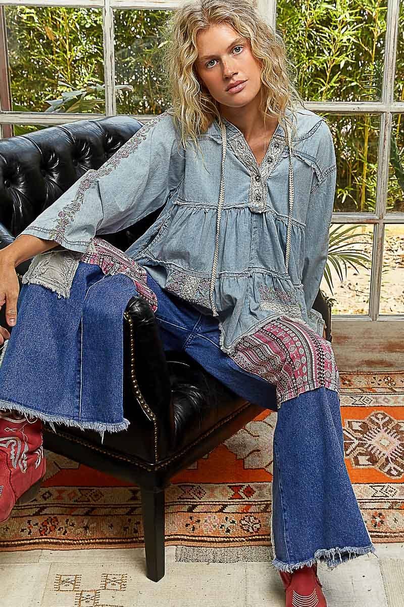 Pol Clothing - Wholesale Hoodie - Women's - Long Sleeve Double Gauze Embroidery Shirring Woven Top9