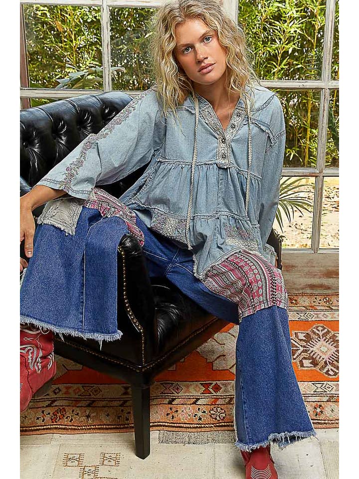 Pol Clothing - Wholesale Hoodie – Women's - Long Sleeve Double Gauze Embroidery Shirring Woven Top9