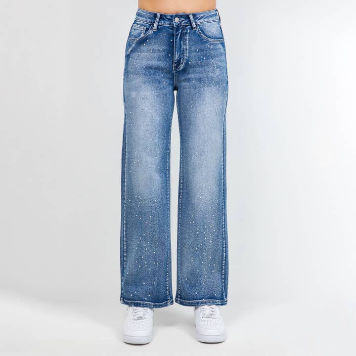 PLUS SIZE RHINESTONE TRIM WIDE LEG JEANS-RJH21201P for wholesale by American Bazi