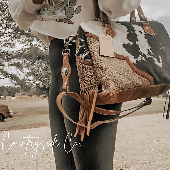 Laramie Tooled Leather Cowhide Western Statement Bag for wholesale by Texas Western Cowhide Bags and More