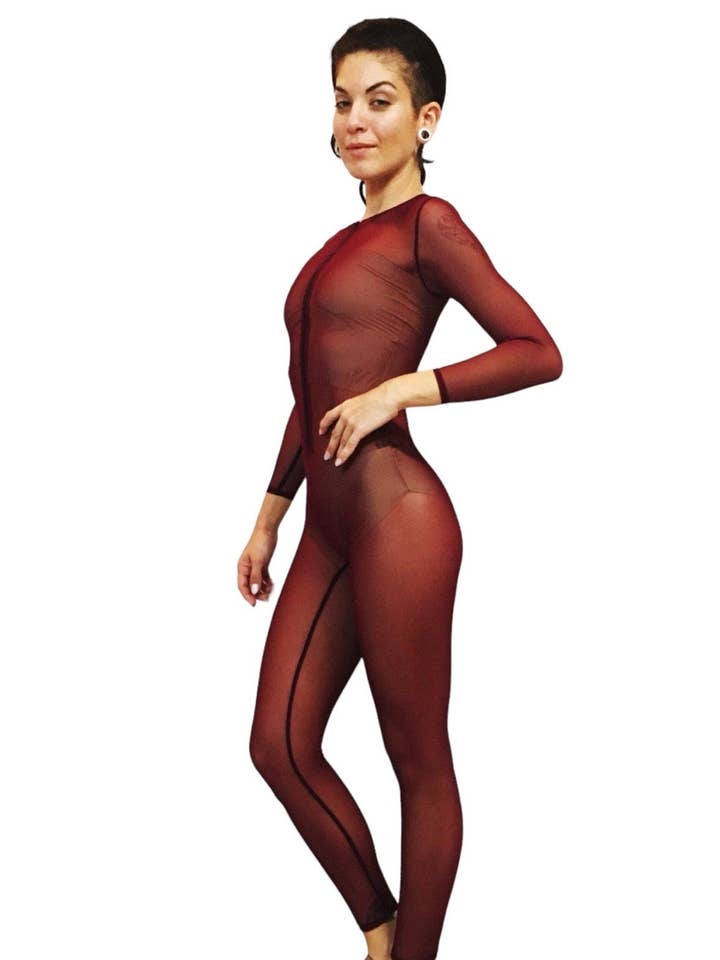 Catsuit em rede cor cereja escura, body, fato de fantasia para dançarinos, artistas de circo, festivais e festas por atacado de Kikimora Fashion