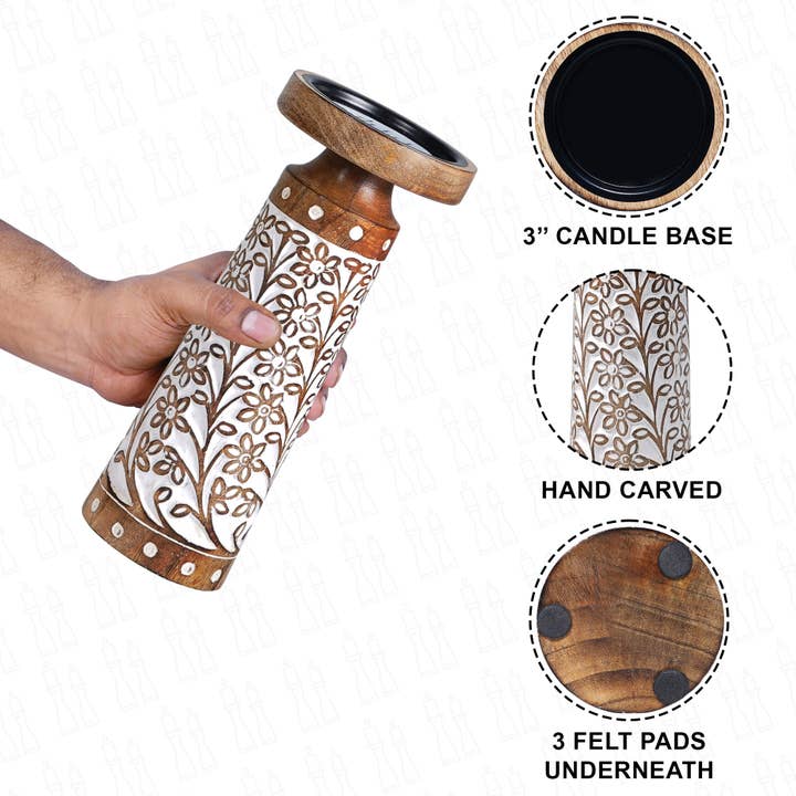 LuxeDesigns Co LLC - Wholesale Candle Holder - Artisan Hand Carved Crafted Thick Wood Candle Holders 3 Pcs1
