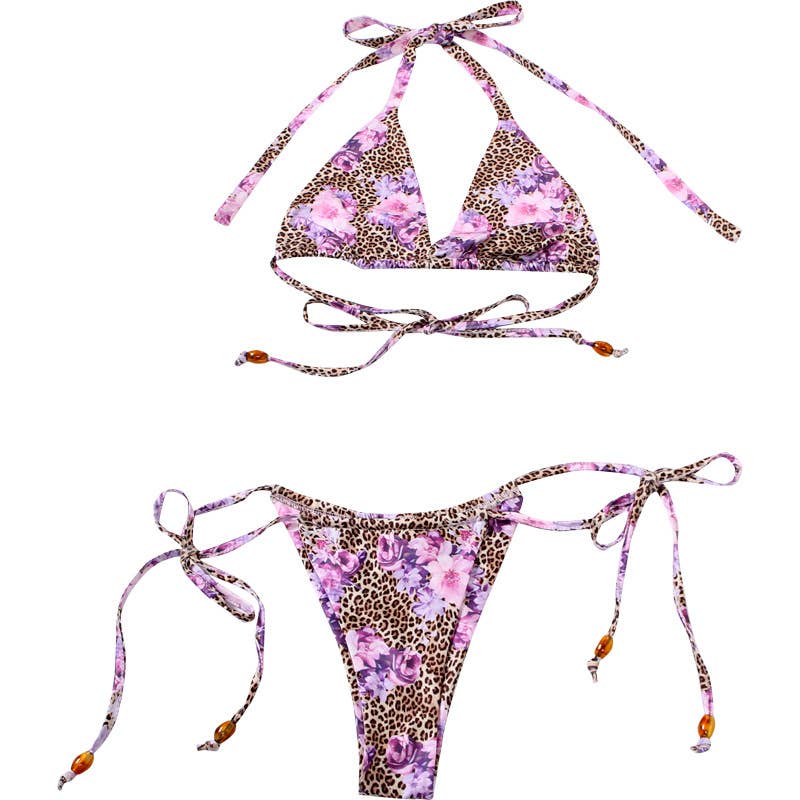 Lily Clothing - Wholesale Two Piece Swimsuit - Women's - Leopard Floral Halter Tie Bikini Set17
