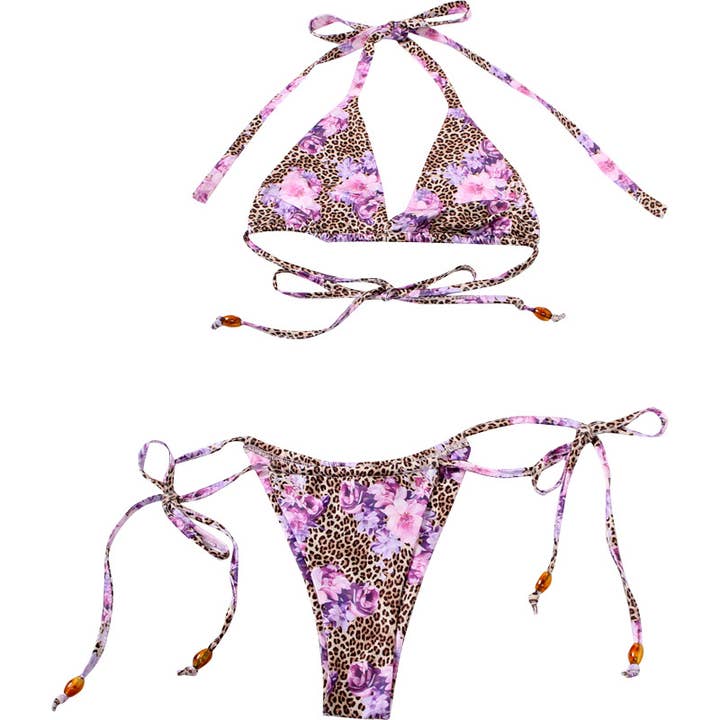 Lily Clothing - Wholesale Two Piece Swimsuit - Women's - Leopard Floral Halter Tie Bikini Set17