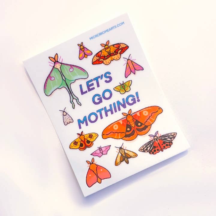 Let’s Go Mothing Sticker for wholesale by Microbiome Arts