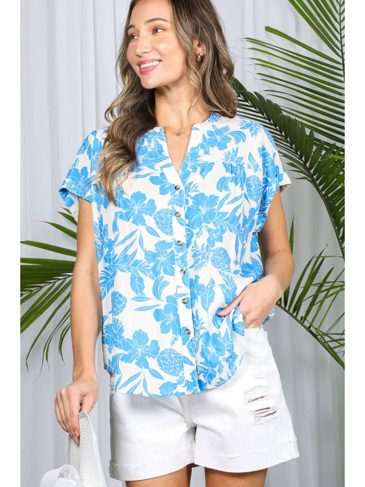 Vine & Love - Wholesale Button Down Shirt - Women's - Floral Pineapple Henley Neck Roll-Up Shirt Top VT82331A3