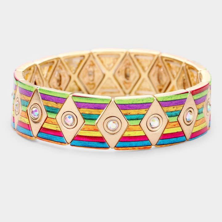 Colorful Stripe Rhombus Rhinestone Metal Stretch Bracelet  for wholesale by Sensibling Corp.