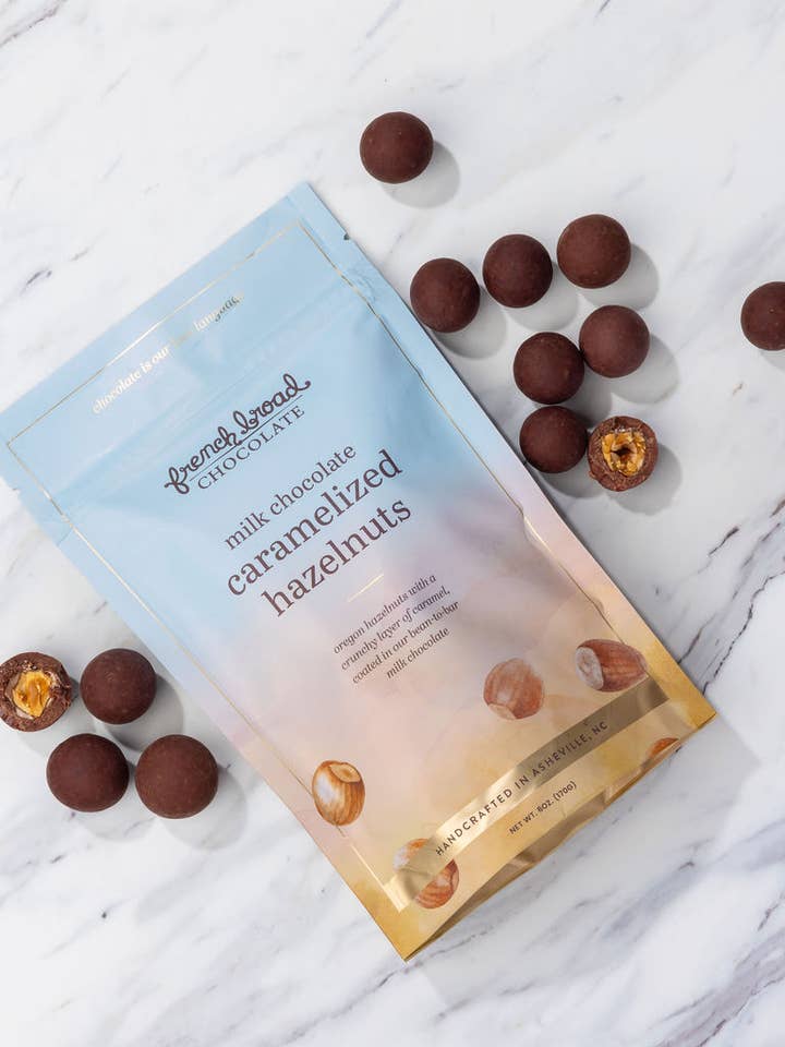 Milk Chocolate-Covered Caramelized Hazelnuts - 6oz for wholesale by French Broad Chocolate