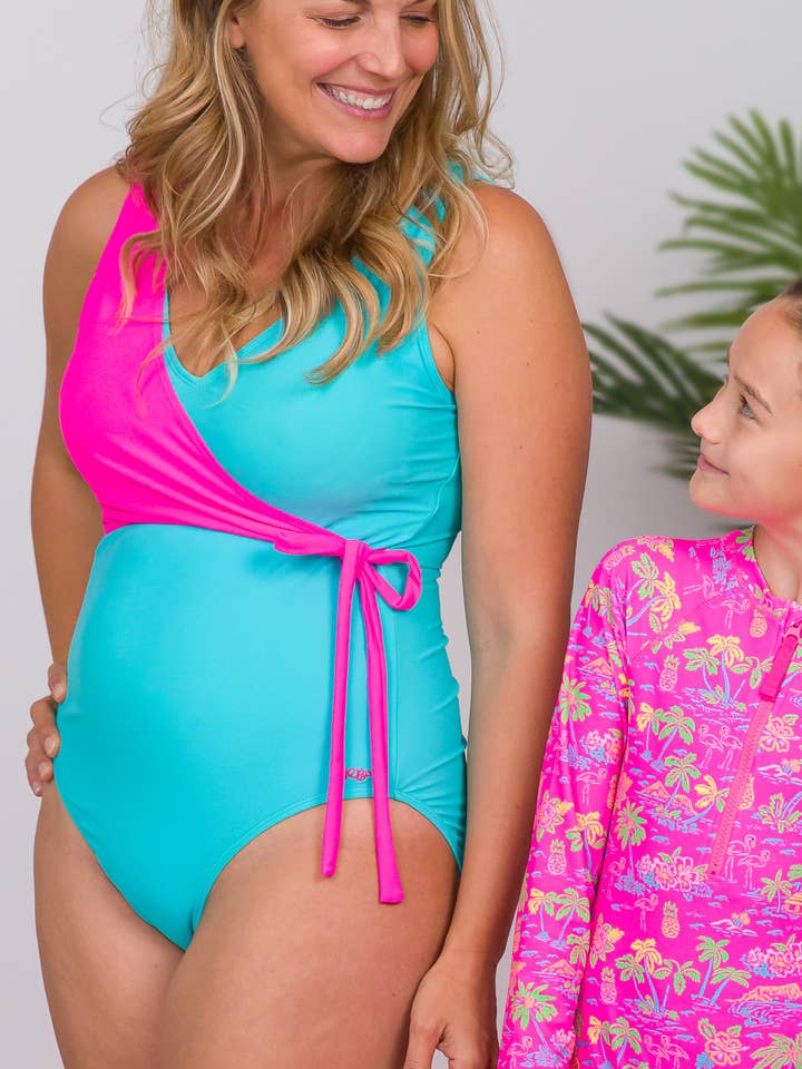 Rosa Damernas neongfärgade blockmönstrade omlottbaddräkt i en del för wholesale på Faire