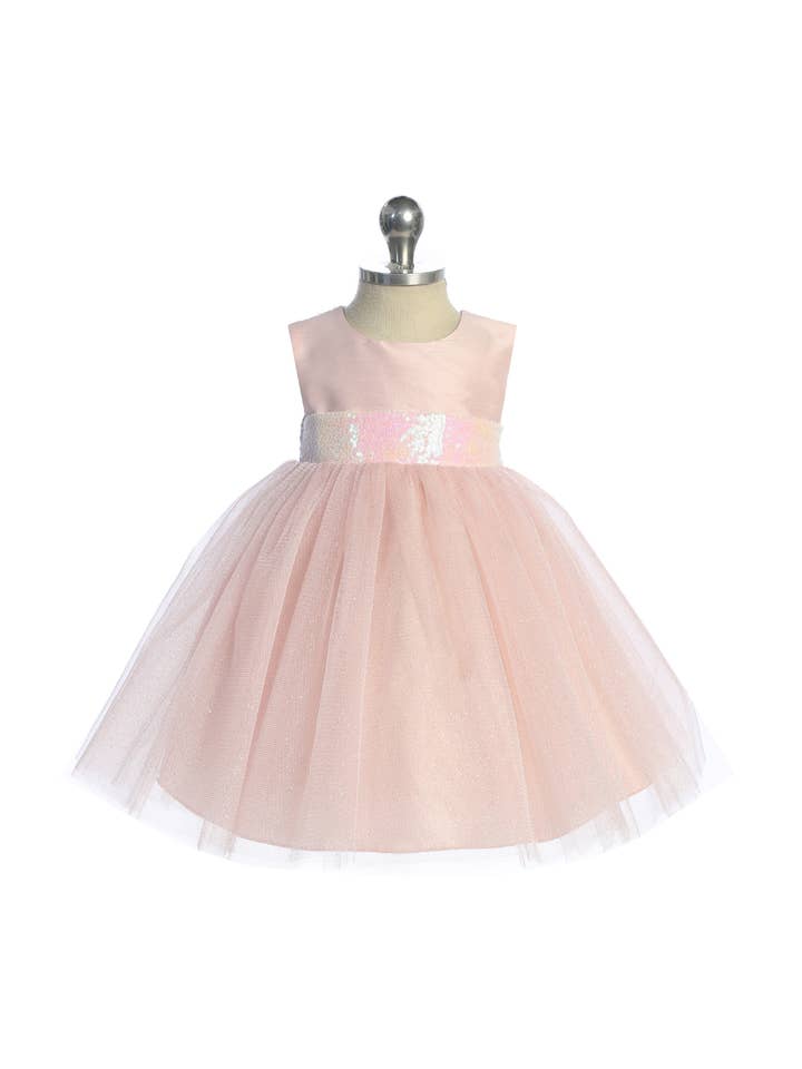 Pink Iridescent Pink/Iridescent Sequins V Back & Bow Baby Dress for wholesale on Faire