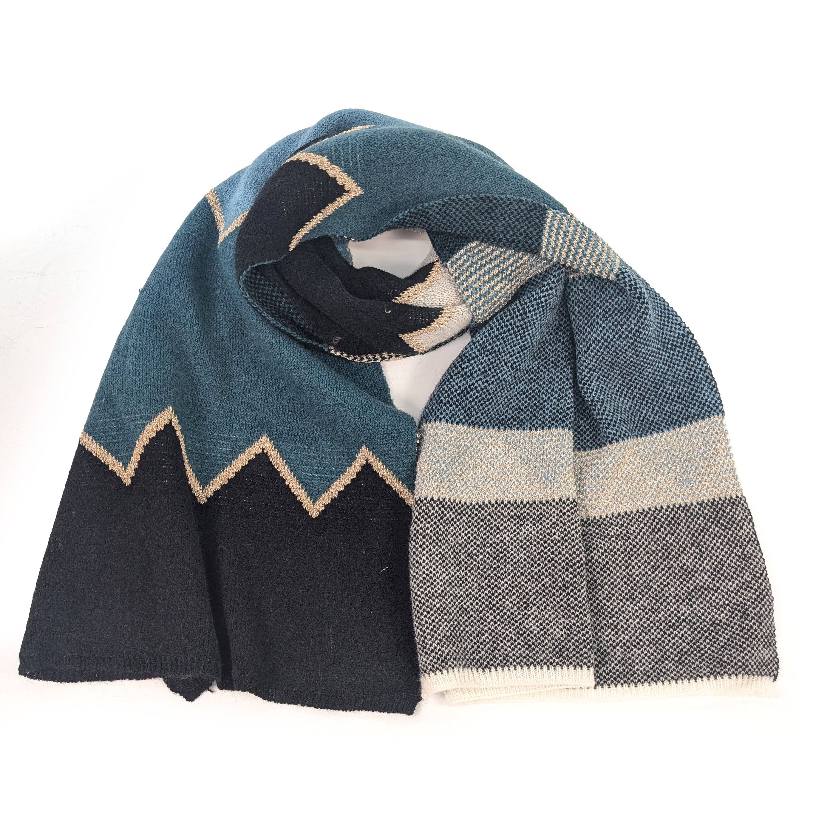 Black Ginger - Wholesale Scarf - Women's - Candi - Knitted ZigZag Scarf (55x180cm) - Blues3