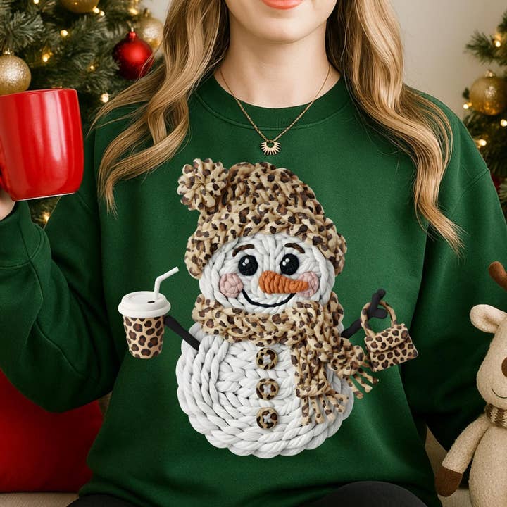DLT Ecommerce - Wholesale T-Shirt (Graphic) - Women's - Faux Yarn Crochet Snowman Shirt, Leopard Christmas Sweater6