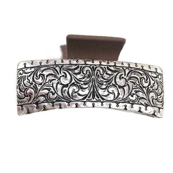 Western Etched Metal Plate Hair Claw for wholesale by Snowing West