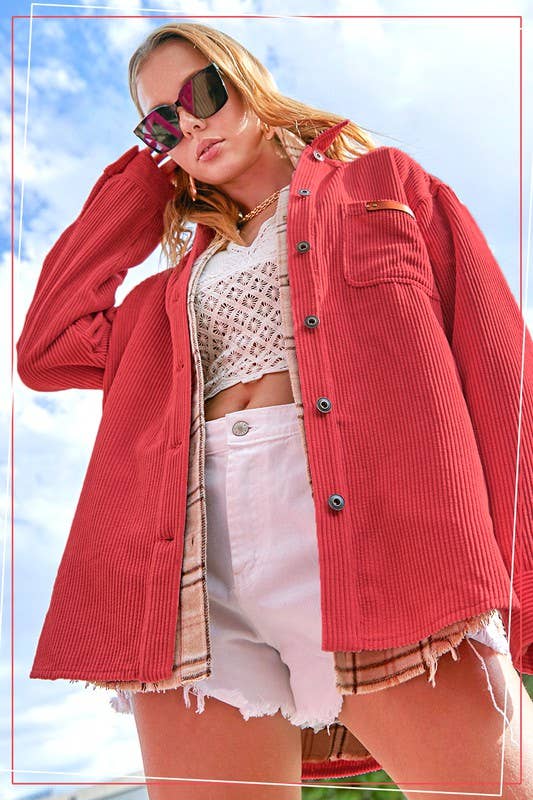 La Miel - Wholesale Shirt Jacket/Shacket - Women's - JKT1767-Loose Fit Button Down Corduroy Shacket with Pockets1