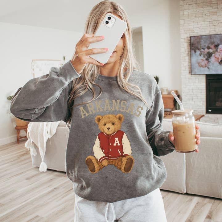 Uncommon Label - Wholesale Graphic Sweatshirt - Women's - Arkansas Teddy Bear Letterman Graphic Crewneck Pullover