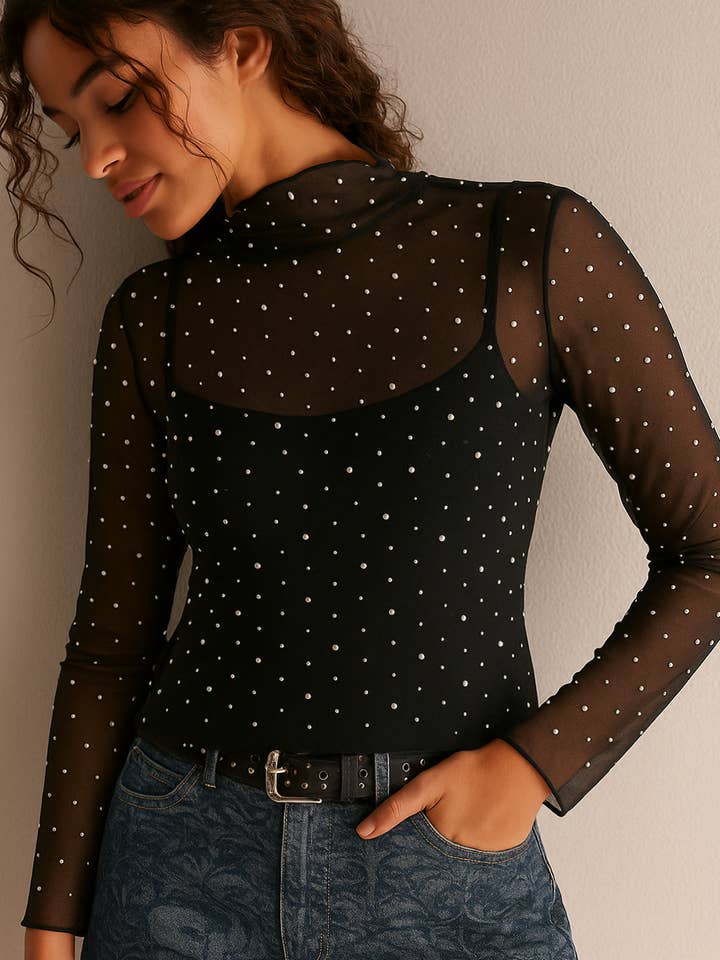MT06008 Top in Rete con Strass e Perle per la vendita all'ingrosso da parte di Endless Blu