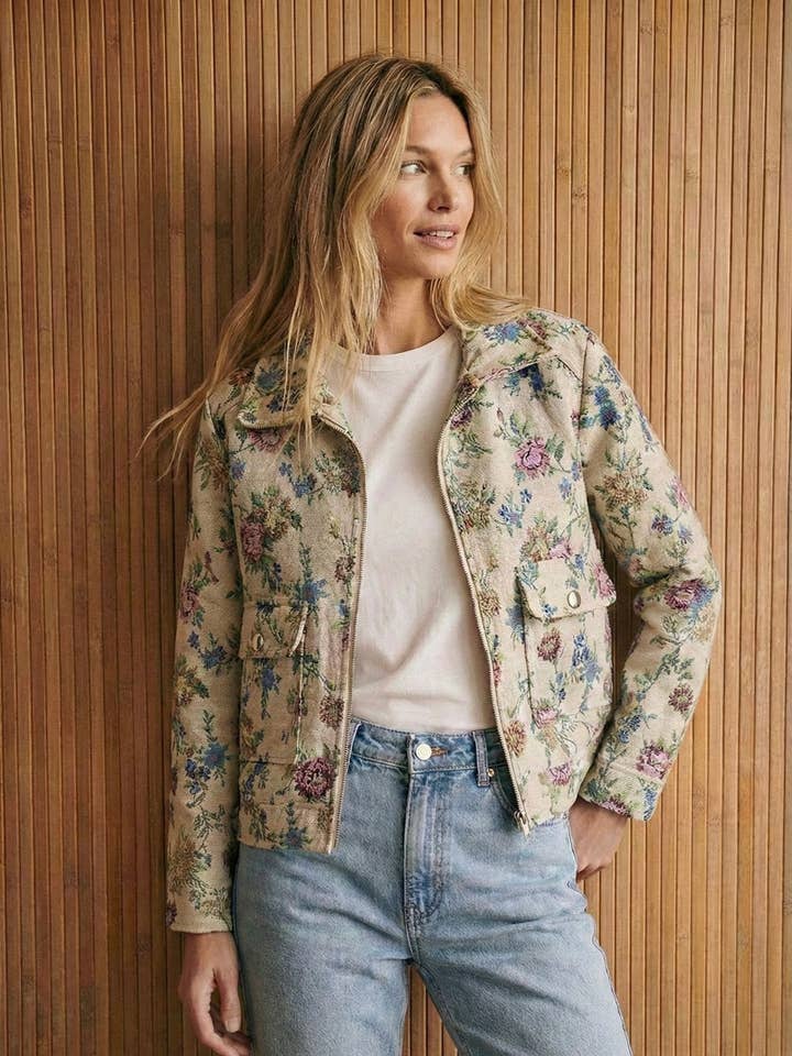 Zipped jacket with flower embroidery PV2618 for wholesale by Pépouz' Paris