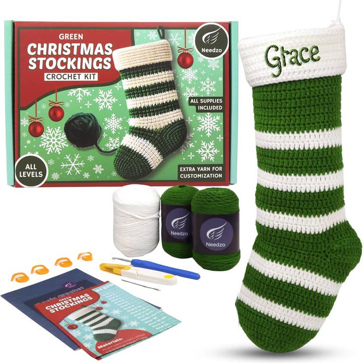 Green Christmas Stocking Crochet Kit, DIY Amigurumi Craft for wholesale by Needzo Inc