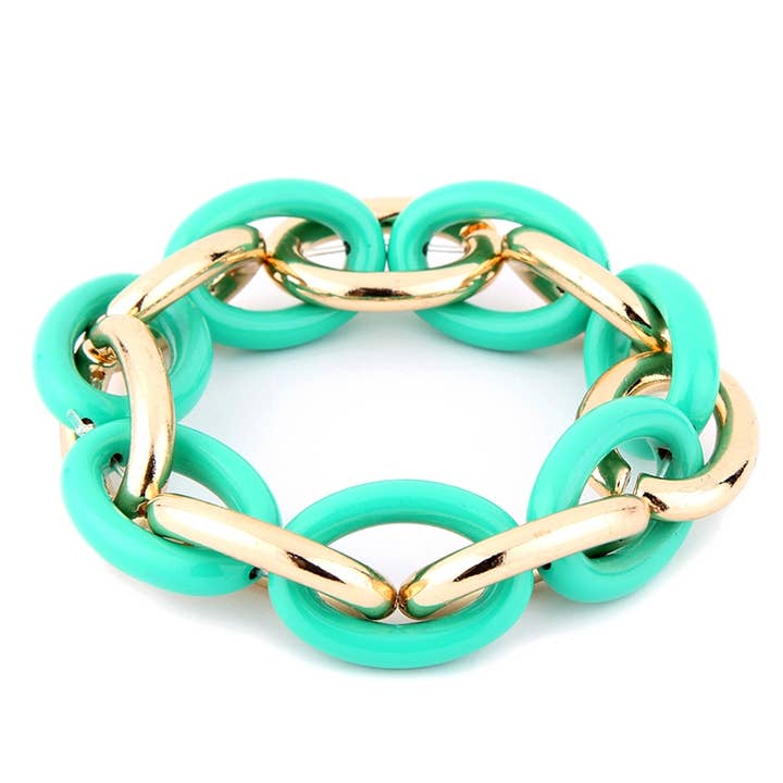 Gold and Mint Color Coated Metal Link 7.5" Stretch Bracelet for wholesale by What's Hot