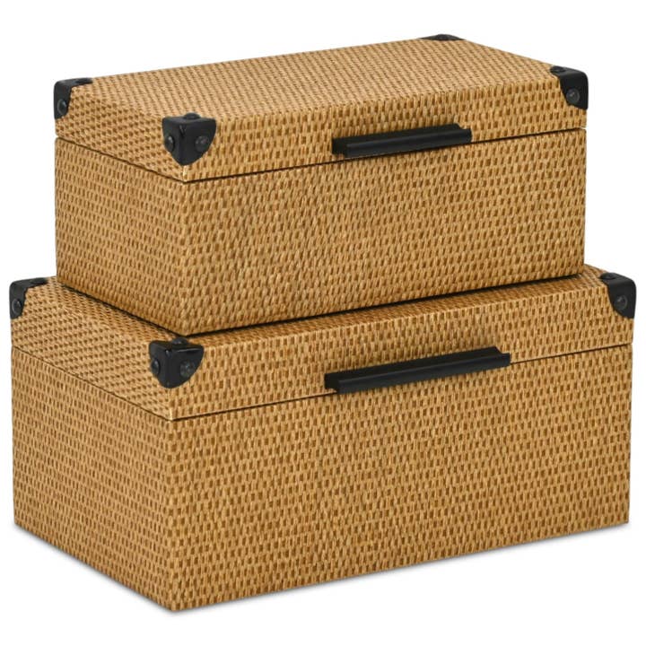 Ensemble de deux boîtes de rangement emboîtables en faux rotin marron et noir avec couvercles pour la vente par HomeRoots
