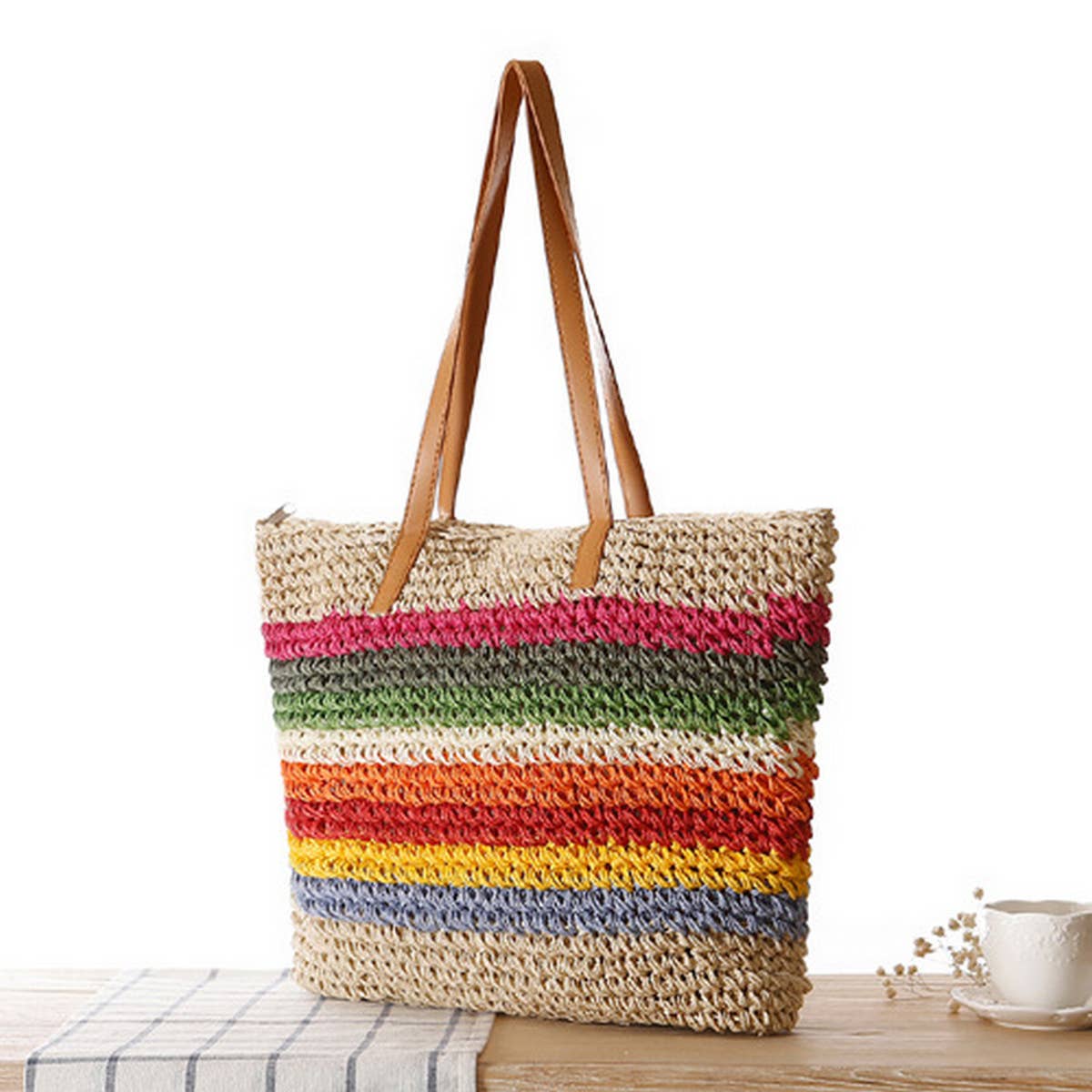 ACCITY - Wholesale Beach Bag - FOREST RAINBOW STRIPED STRAW SHOULDER BAG_CWAB20131