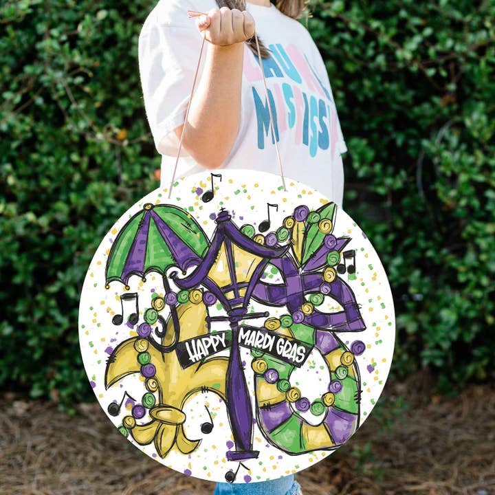 Clairmont & Co - Wholesale Door Hanger - Mardi Gras Door Sign, Round Door Hanger, Happy Mardi Gras