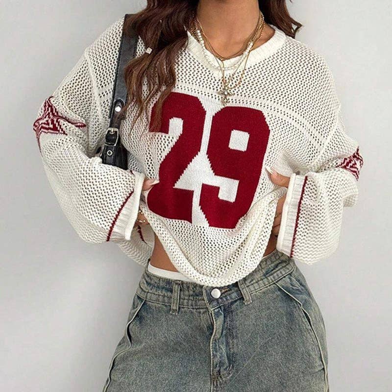 Dipped Shop – wholesale Knitted jumper – Women′s – Trendy Number Crochet Hollow Out Knit Sweater DP25F5291