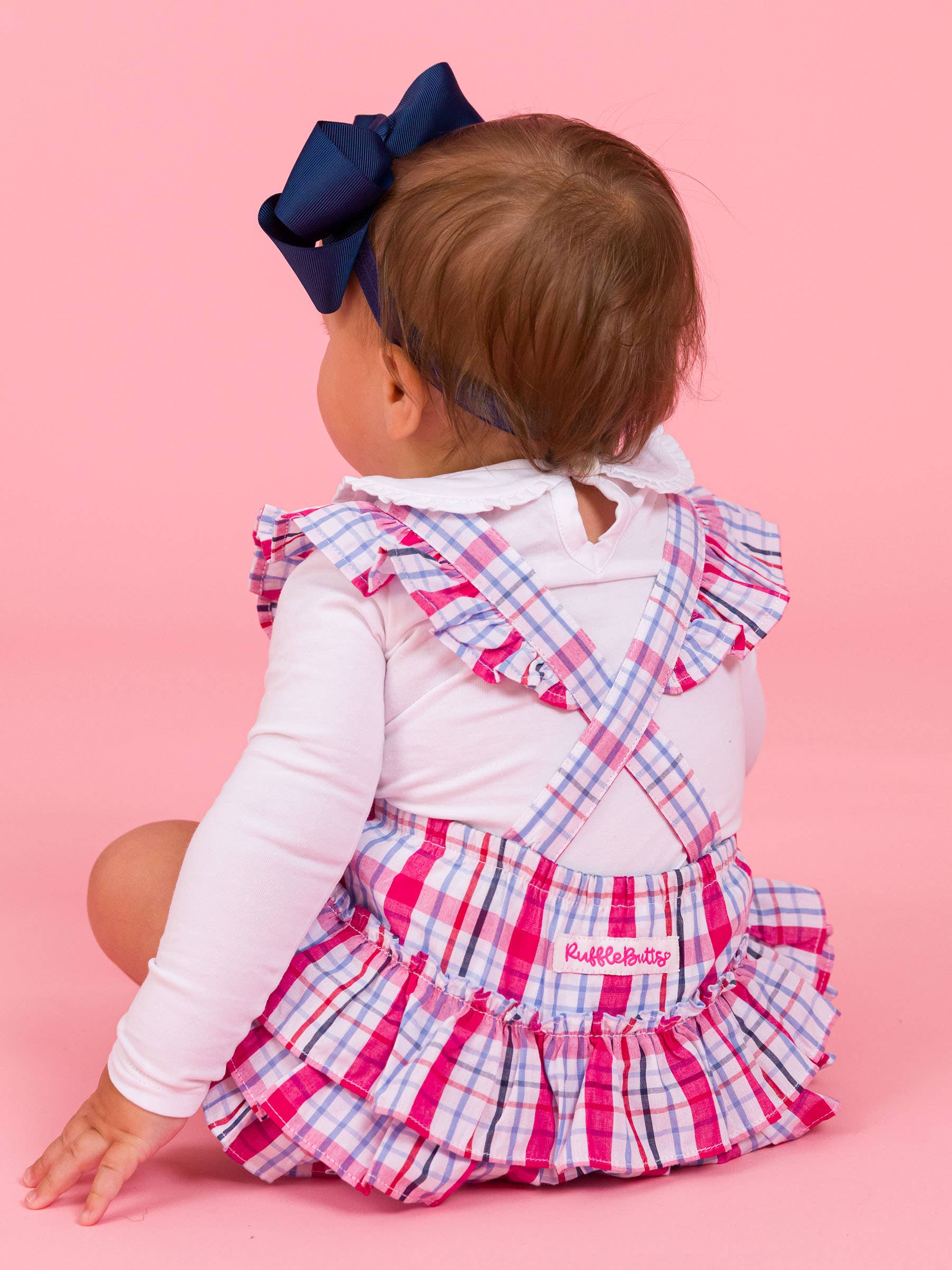 Multi Color Baby Girls Adley Plaid Flutter Overall Romper for wholesale on Faire5