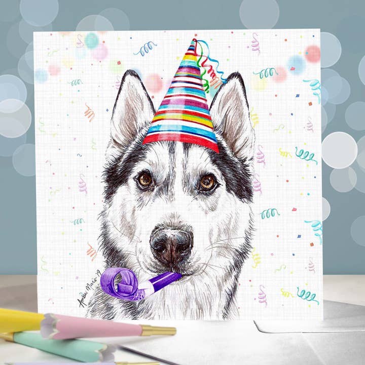 Biglietti di auguri di compleanno per cani Siberian Husky, vuoti, design a scelta per la vendita all'ingrosso da parte di Amber Marie Studio