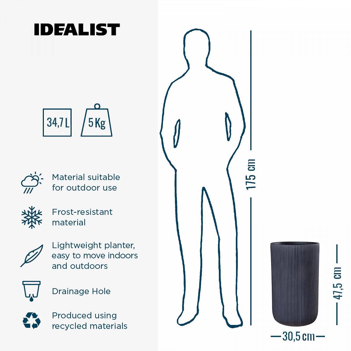 Black IDEALIST Ribbed Cilinder Outdoor Planter for wholesale on Faire2