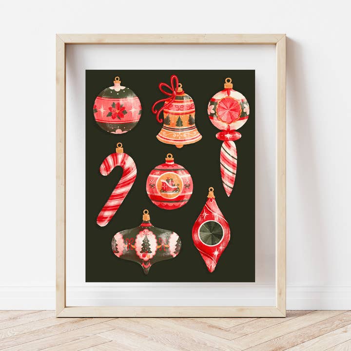 Christmas Ornaments Art Print, Pink and Red Home Decor for wholesale by Cailee Corbett