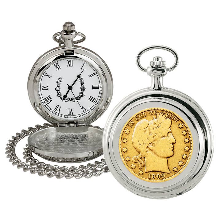 Gold-Layered Silver Barber Half Dollar Coin Pocket Watch for wholesale by American Coin Treasures