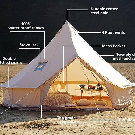 Trend Tents Inc - Wholesale Tent - 16ft Beige Canvas Bell Tent – Waterproof w/ Stove Jack