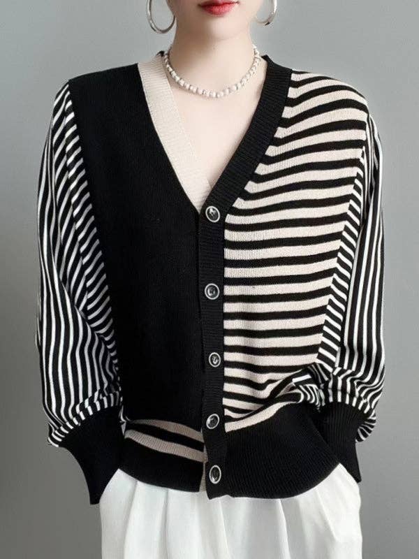 StyleGalX - Wholesale Cardigan - Women's - Long Sleeves Loose Buttoned Contrast Color Split-Joint Striped V-Neck Cardigan Tops Knitwear5