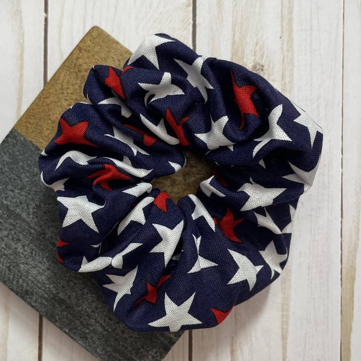 Navy with Multicolored Stars Patriotic Handmade Scrunchie for wholesale by QuietJoy