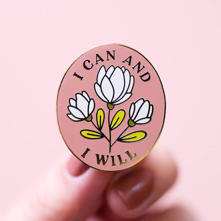 Little Woman Goods - Wholesale Lapel Pin/Button - I Can & I Will Enamel Pin- Empowering Pink Floral Feminist