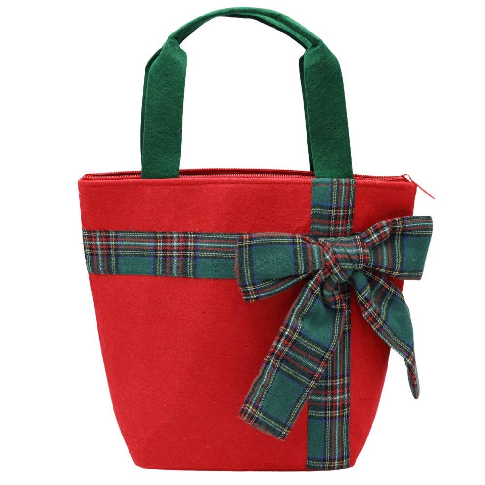 JOIA ACCESSORIES - Wholesale Tote Bag - Women's - CHRISTMAS GREEN TOTE BAG WITH RED PLAID BOW, MB 032111