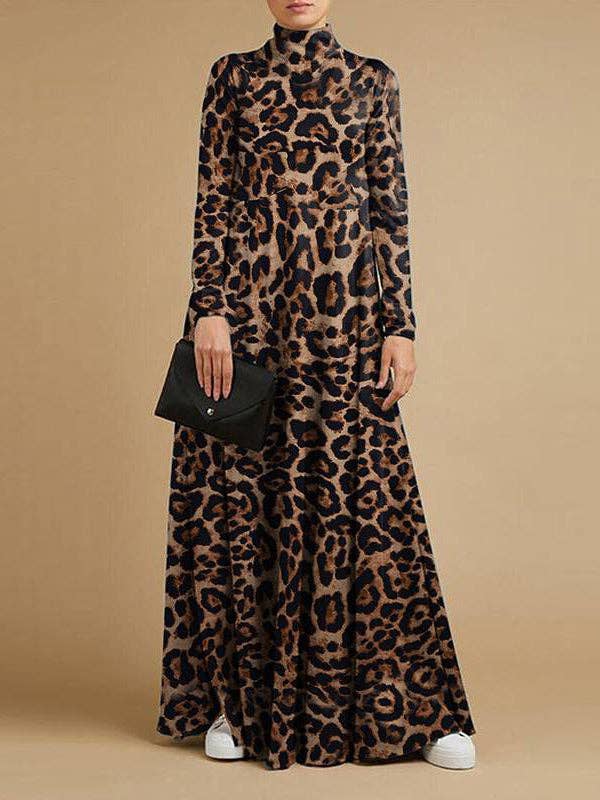 FurDecoration - Vendita all'ingrosso Vestito - Donna - Abito lungo casuale a collo alto con stampa leopardata.5
